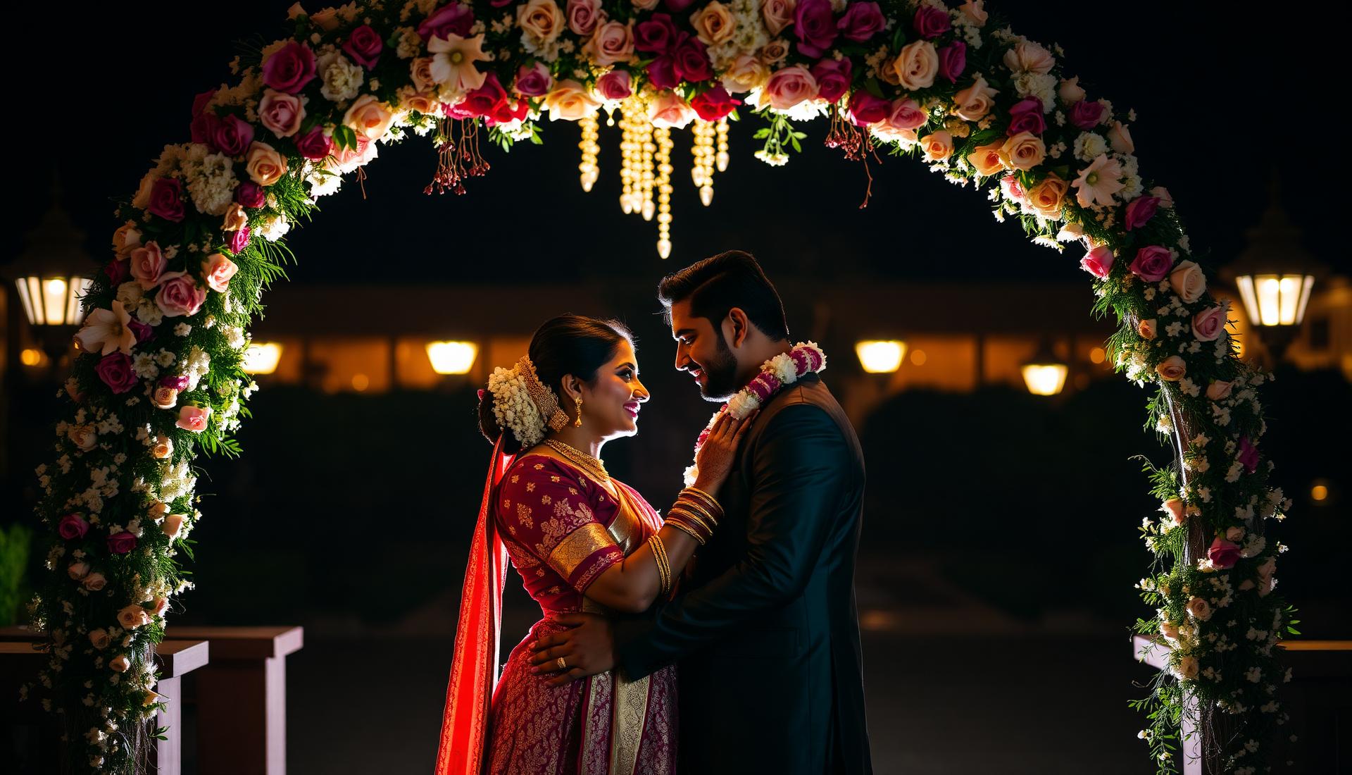 Romantic couple under floral arch at Elements Resort
