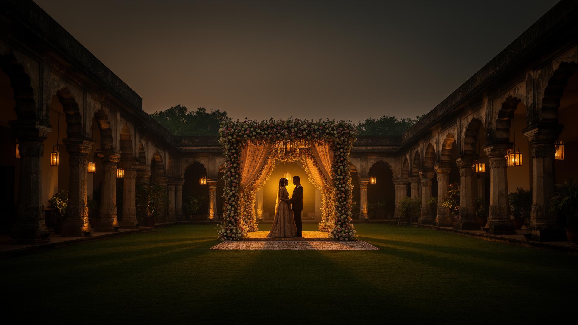 Destination wedding couple at Elements Resort, Bangalore — heritage architecture and floral mandap at twilight